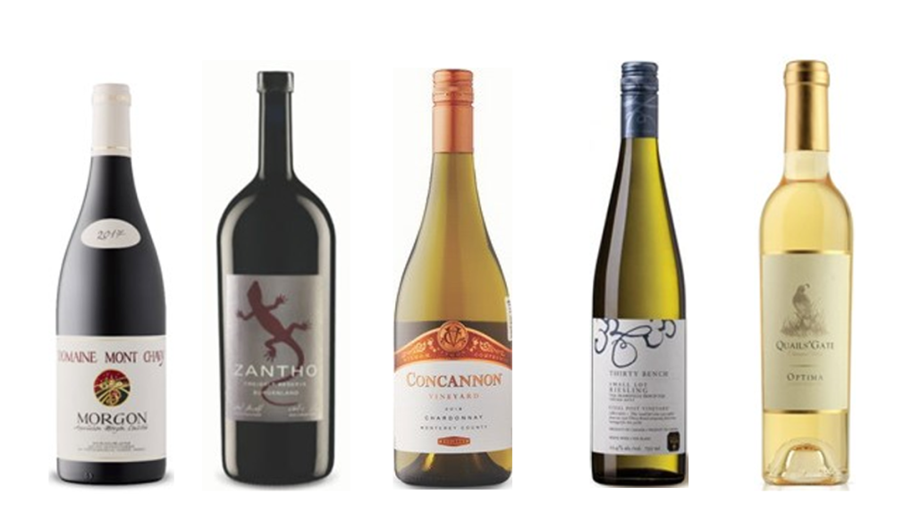 Georges Duboeuf Domaine Mont Chavy 2018, Zantho Reserve Zweigelt 2017, Concannon Vineyard Chardonnay 2018,  Thirty Bench Small Lot Wood Post Riesling 2018, Quails' Gate Estate Winery Totally Botrytis Affected Optima Cabernet Sauvignon 2010 