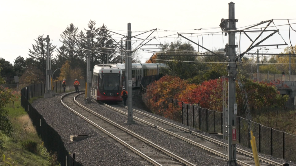An Ottawa LRT car is on the track for the first time since the Sept. 19 derailment. (Jeremie Charron/CTV News Ottawa)