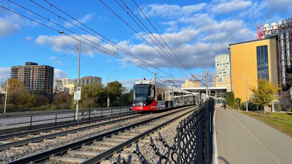 An LRT train near uOttawa station on Thursday, Nov. 4, 2021. OC Transpo began simulating regular service on the line on Thursday. (Josh Pringle/CTV News Ottawa)