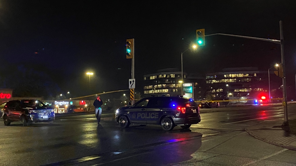 Ottawa police say a driver struck a pedestrian on March Road in Kanata Thursday evening. (Connor England/CTV News Ottawa)