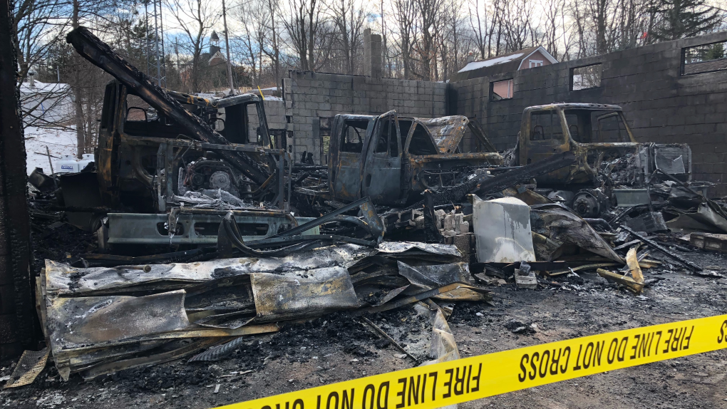 The aftermath of a fire at the Rideau Lakes fire station in Portland, Ont. Dec. 22, 2021. (Nate Vandermeer/CTV News Ottawa)