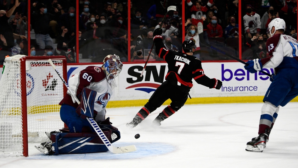 Ottawa Senators left wing Brady Tkachuk (7) celebrates his game winning goal as Colorado Avalanche goaltender Justus Annunen (60) watches the puck bounce out of the net during overtime NHL hockey action in Ottawa, on Saturday, Dec. 4, 2021. (THE CANADIAN PRESS/Justin Tang)