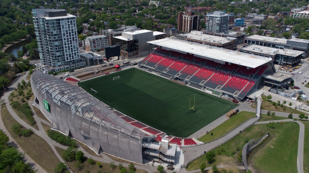 n this photo taken using a drone, TD Place is seen in Ottawa Wednesday June 2, 2021 in Ottawa. Located at Lansdowne Park, TD Place is the home of the Ottawa REDBLACKS CFL team. (Adrian Wyld/THE CANADIAN PRESS)