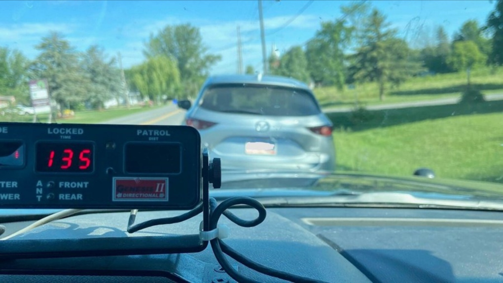 OPP say a driver was charged with stunt driving Tuesday, June 29, 2021, after being stopped on County Road 22 in North Grenville, Ont. (Photo via the OPP / Twitter)