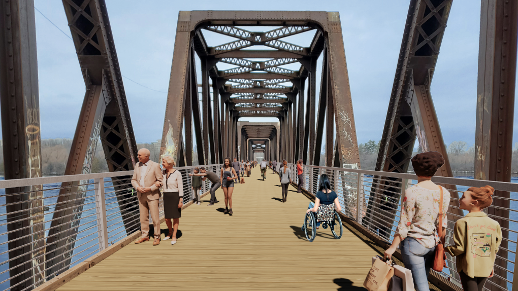 An artist's rendering of the proposed multi-use pathway on the newly renamed Chief William Commanda Bridge over the Ottawa River. A $22.6 million refurbishment would turn the defunct rail bridge into an active transportation corridor. (Photo: City of Ottawa)