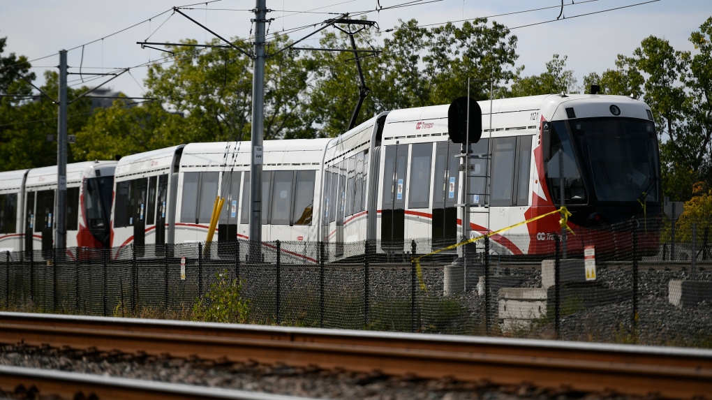 An OC Transpo O-Train is seen west of Tremblay LRT Station In Ottawa on Monday, Sept. 20, 2021 after it derailed on Sunday. (Justin Tang/THE CANADIAN PRESS) 