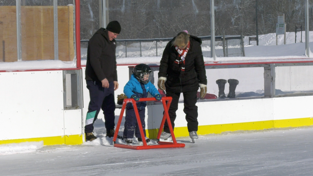 Carson, 3, steps out onto the Gord Brown Memorial Canada 150 outdoor rink in Gananoque, Ont. (Nate Vandermeer/CTV News Ottawa)