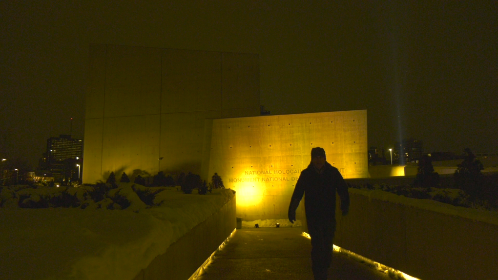The National Holocaust Monument in Ottawa was lit up in yellow for International Holocaust Remembrance Day on Thursday night. (Jackie Perez/CTV News Ottawa)