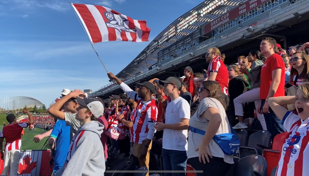 Fans watch Atletico Ottawa face Pacific FC in the Canadian Premier League semi-final match on Sunday at TD Place. (Colton Praill/CTV News Ottawa) 