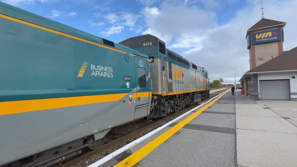 A VIA Rail train arrives at the Fallowfield Station on Friday. (Dave Charbonneau/CTV News Ottawa) 