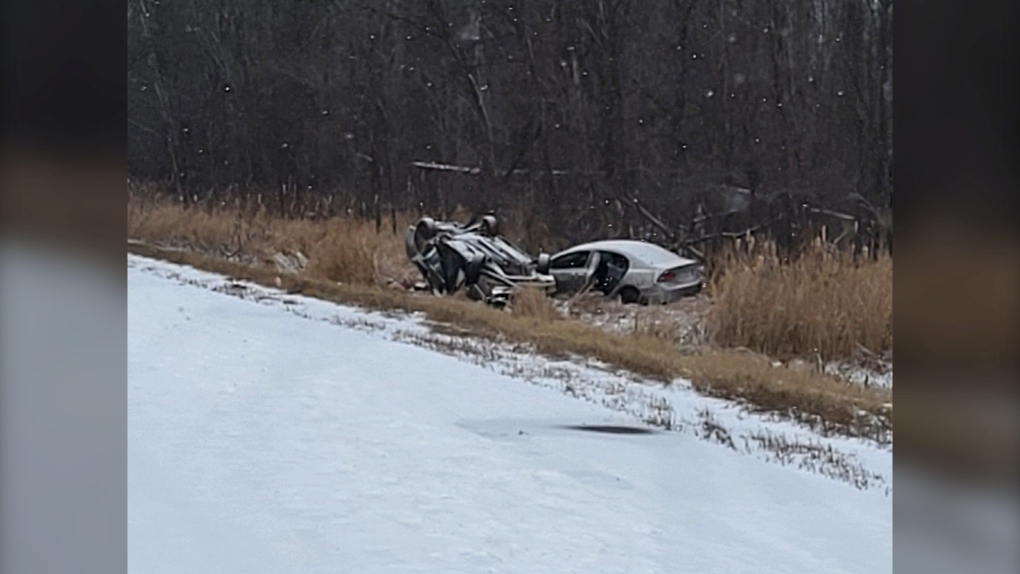 Ontario Provincial Police say the driver of a vehicle lost control on Hwy. 416 near Kemptville on Sunday. The vehicle rolled and struck a vehicle already in the ditch following an earlier collision. (Ontario Provincial Police/Twitter)