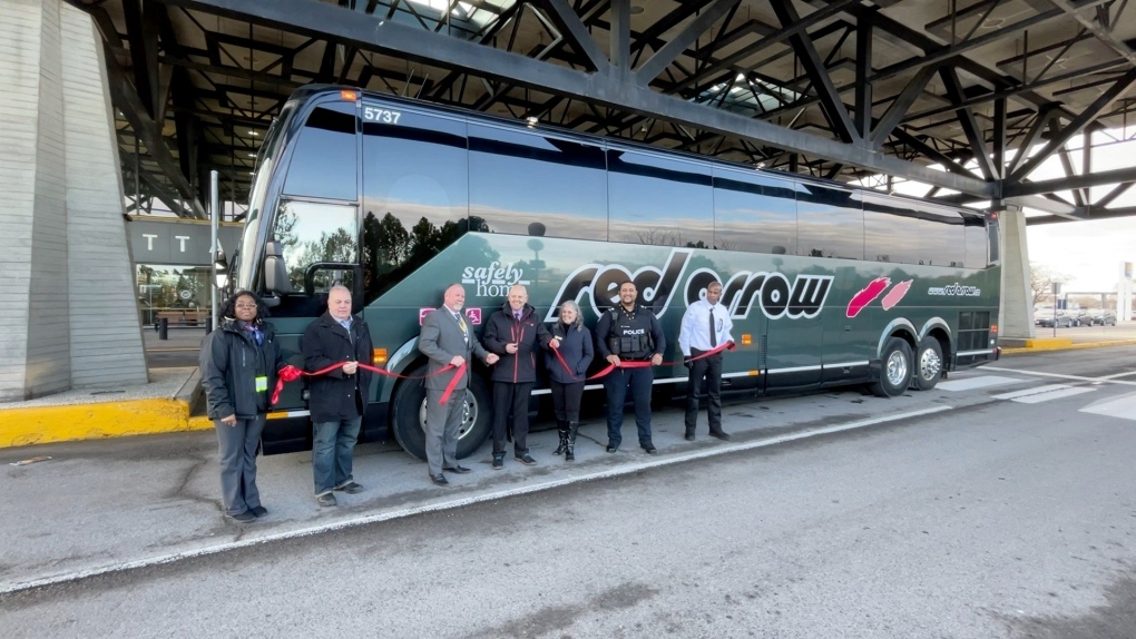 Red Arrow holds an official ceremony launching its new Ottawa-Toronto bus service at the Ottawa train station on Thursday, Dec. 8, 2022. (Peter Szperling/CTV News Ottawa)