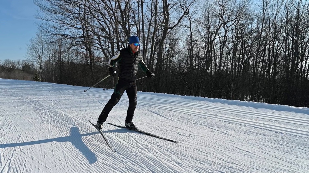 Steven Paradine 'skate-skiing' on one of the many groomed trails in Gatineau Park. Paradine skied every groomed trail in the Park—covering 207 kilometres in 22 hours and 20 minutes.  (Joel Haslam/CTV News Ottawa)