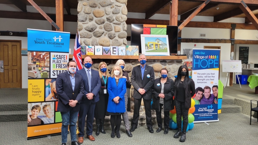 Kanata-Carleton MPP Merrilee Fullerton (centre) is joined by other Ottawa-area Progressive Conservative MPPs as well as staff and board members from the Dave Smith Youth Treatment Centre for a funding announcement March 15, 2022. (Handout/Dave Smith Youth Treatment Centre)