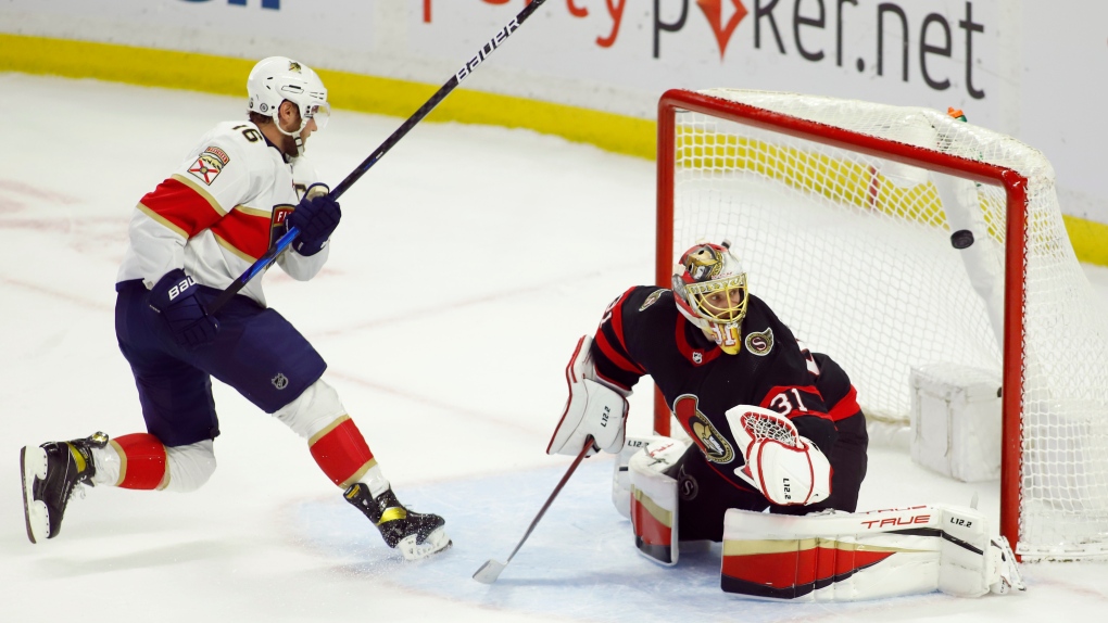 Florida Panthers Aleksander Barkov (16) scores on Ottawa Senators goaltender Anton Forsberg (31) in the shootout during NHL hockey action at the Canadian Tire Centre in Ottawa on Saturday, March 26, 2022. (Patrick Doyle/THE CANADIAN PRESS)