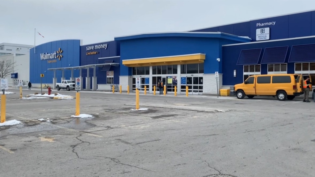The Walmart on Baseline Road was closed after an individual discharged a fire extinguisher in the store, damaging some property. March 9, 2022. (Shaun Vardon/CTV News Ottawa)