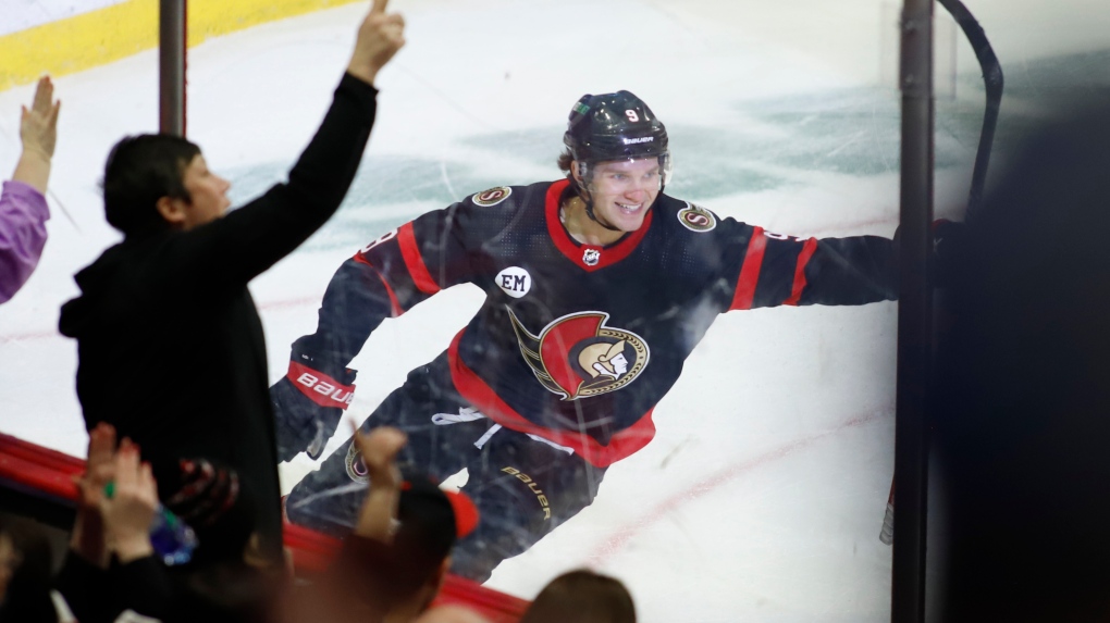 Ottawa Senators' Josh Norris (9) celebrates after scoring a hat trick during third period NHL hockey action against the Detroit Red Wings in Ottawa on Sunday, April 3, 2022. (Patrick Doyle/THE CANADIAN PRESS)