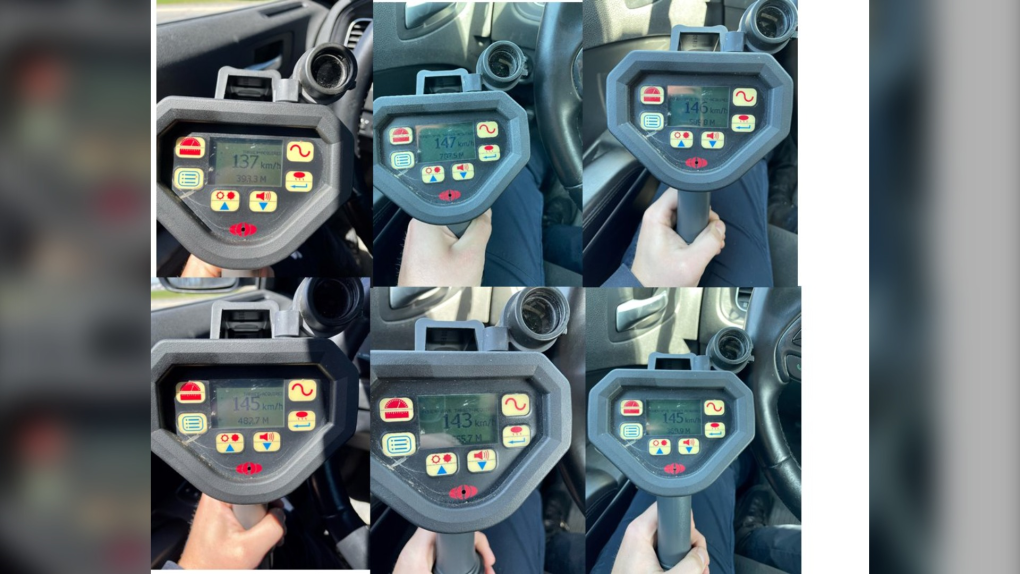Ontario Provincial Police shared an image of six radar guns with speeds of motorists stopped for speeding on Hwy. 417 on Sunday. (Photo courtesy: Twitter/OPP_ER)