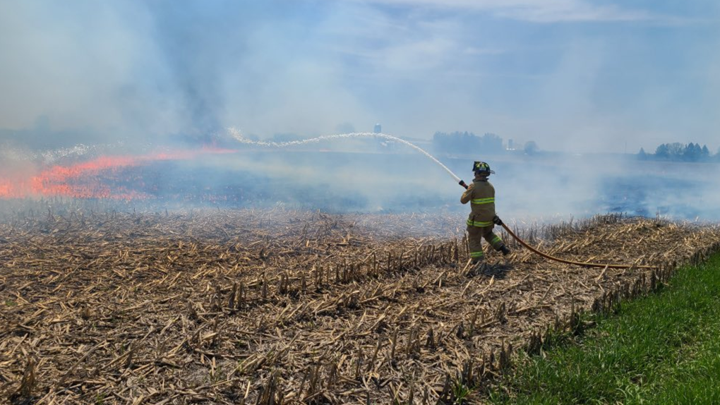 Firefighters battle a fire in a cornfield on Shea Road near Richmond on Wednesday. (Ottawa Fire Service/Twitter)