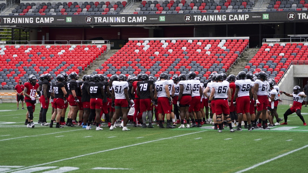 Ottawa Redblacks take part in a CFL training camp in Ottawa on Wednesday, July 14, 2021. (Sean Kilpatrick/THE CANADIAN PRESS)