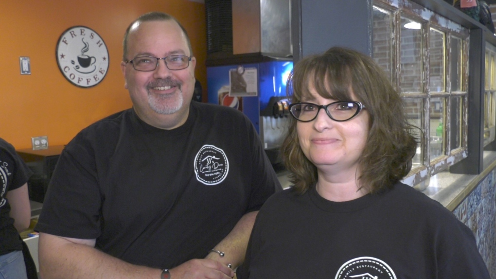John and Joanne Edgley were all smiles for the grand reopening of JJ's Country Diner in Athens, Ont. May 3, 2022. (Nate Vandermeer/CTV News Ottawa)
