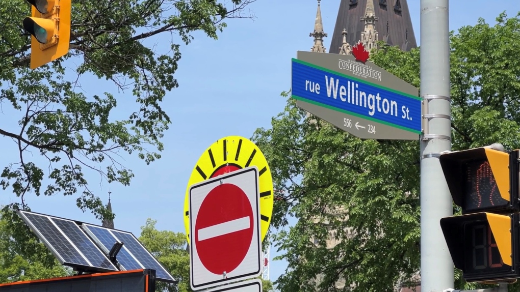 A 500-metre stretch of Wellington Street, which fronts Parliament Hill, remains closed after February’s truck convoy occupation. Ottawa, Ont.. May 31, 2022. (Tyler Fleming / CTV News).
