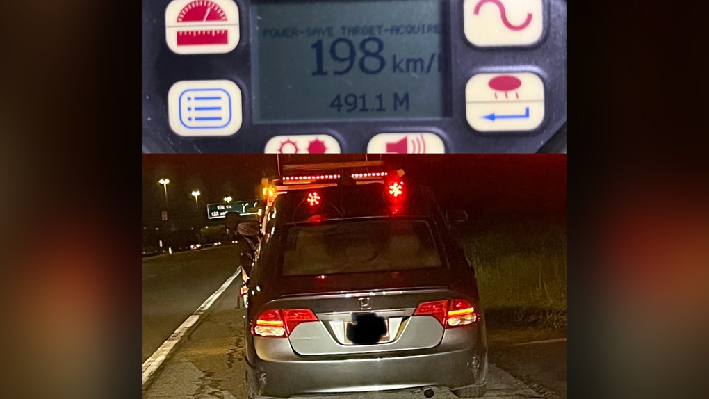 Ontario Provincial Police say a Honda was clocked going 198 km/h on Hwy. 417 in Ottawa. (Ontario Provincial Police/Twitter)