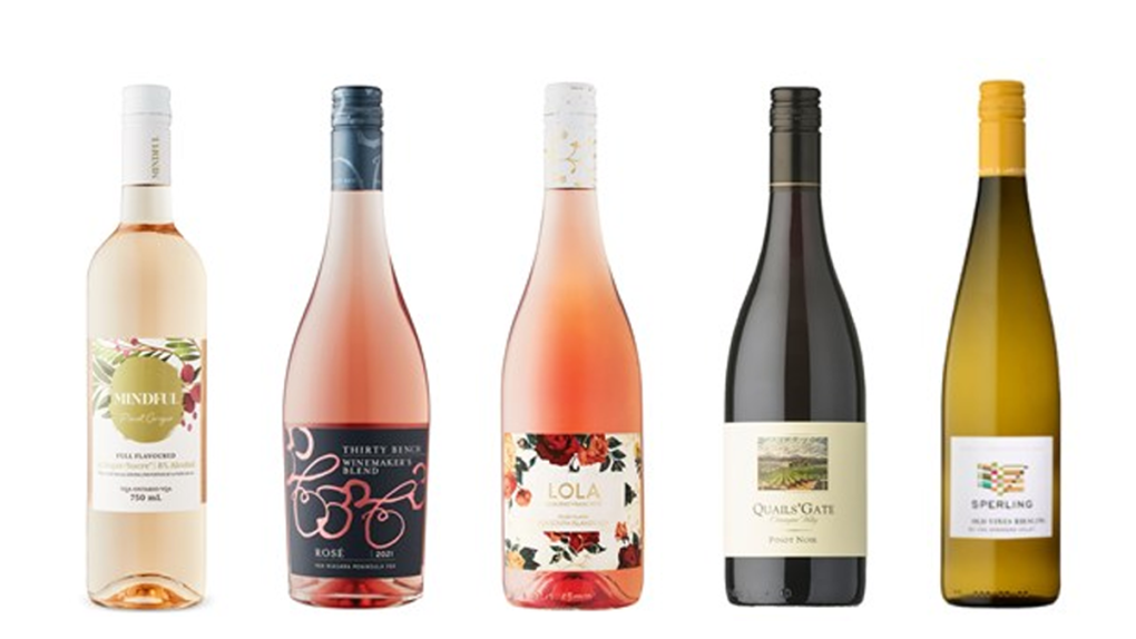 Lakeview Wine Co. Mindful Pinot Grigio, Thirty Bench Winemaker's Rosé 2021, Pelee Island Winery Lola Cabernet Franc Rosé 2020, Quails' Gate Estate Winery Pinot Noir 2020, Sperling Vineyards Old Vines Riesling 2016