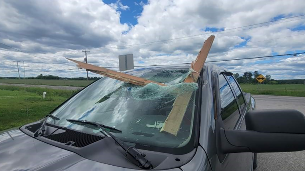 Gatineau police say pieces of wood from another vehicle struck a car on Lorrain Boulevard in Gatineau, Que. earlier this week. (Gatineau Police/Twitter)