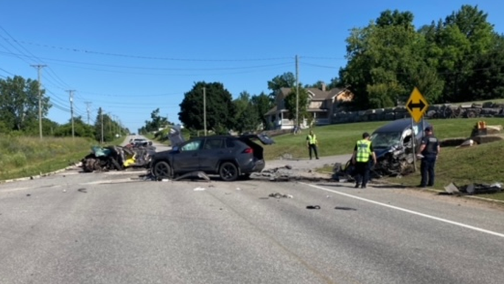The scene of a fatal three-vehicle crash on Highway 148 west of Gatineau on Monday, July 4, 2022. (MRC des Collines-de-l'Outaouais)
