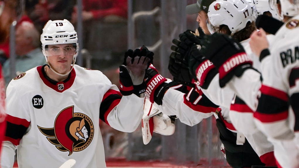 Ottawa Senators right wing Drake Batherson (19) celebrates his goal against the Detroit Red Wings in the second period of an NHL hockey game Tuesday, April 12, 2022, in Detroit. (Paul Sancya/AP Photo) 