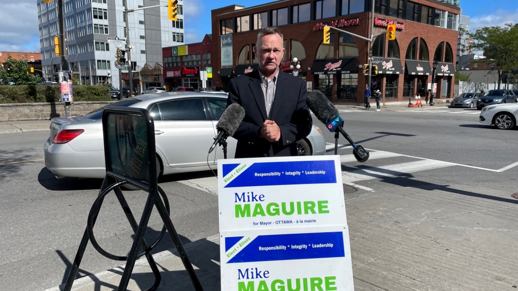Ottawa mayoral candidate Mike Maguire announces a housing and homelessness plan in the ByWard Market. Sept. 23, 2022. (Peter Szperling/CTV News Ottawa)