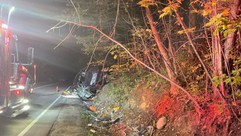 MRC des Collines de l'Outaouais police say a driver crossed the centre line, hit a guard rail and then a tree before coming to rest in this ditch north of Gatineau. Sept. 24, 2022. (handout)
