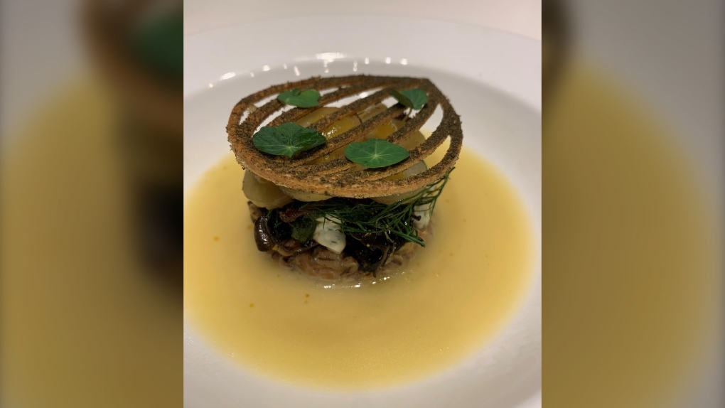 Chef Briana Kim's gold medal-winning dish: onion tuile, smoked potatoes, rhubarb jerky, maitake, pickled onion, dill sour cream, facto green tomato and koji broth. (Great Kitchen Party Ottawa