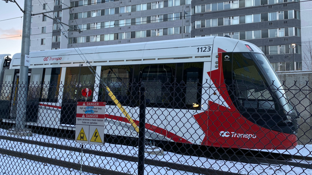 A stalled LRT train remains on the tracks near Lees Station late Tuesday afternoon Jan. 10, 2023. OC Transpo says full service on the Confederation Line should resume Tuesday evening. (Leah Larocque/CTV News Ottawa)