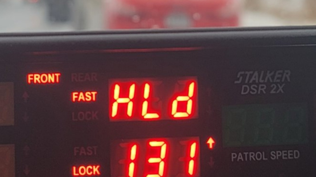 Ottawa police say a driver was clocked at 131 km/h in an 80 km/h zone on Limebank Road after speeding past two snow removal vehicles Jan. 20, 2023. (Ottawa Police Service/Twitter)