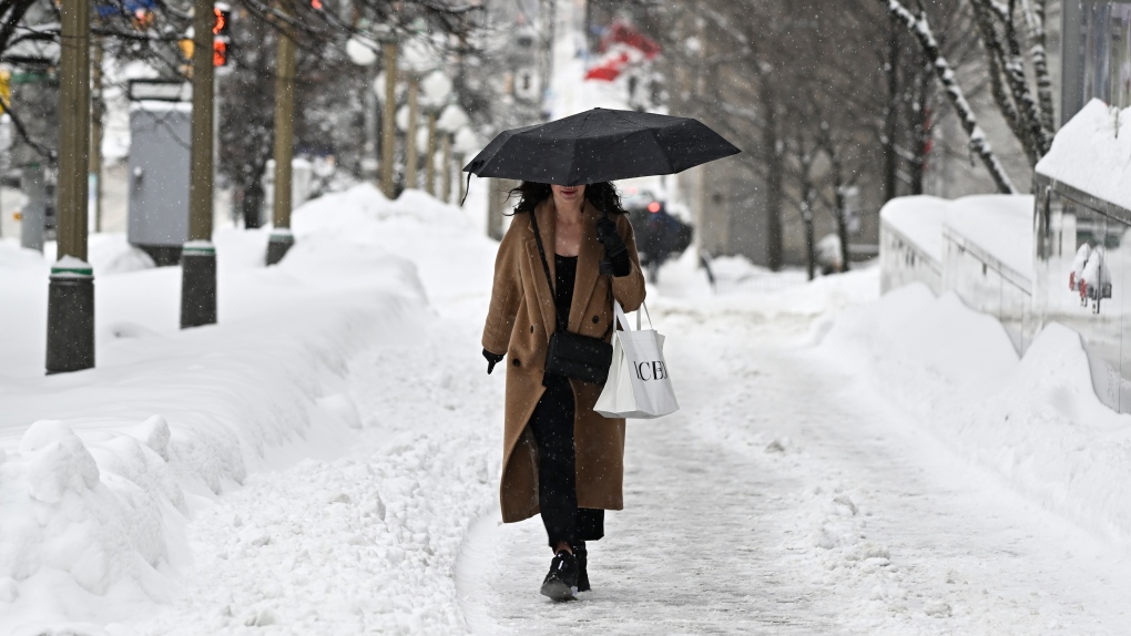 A pedestrian uses an umbrella to shield themselves from the snow in Ottawa, on Thursday, Jan. 26, 2023. (Justin Tang/THE CANADIAN PRESS)