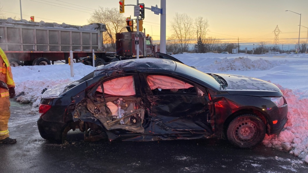 The driver of this car was seriously injured in a crash with a tractor-trailer at Mitch Owens Road and Bank Street. Crews extricated the driver and he was taken to the Ottawa Hospital trauma centre with serious injuries. (Ottawa Fire Service)