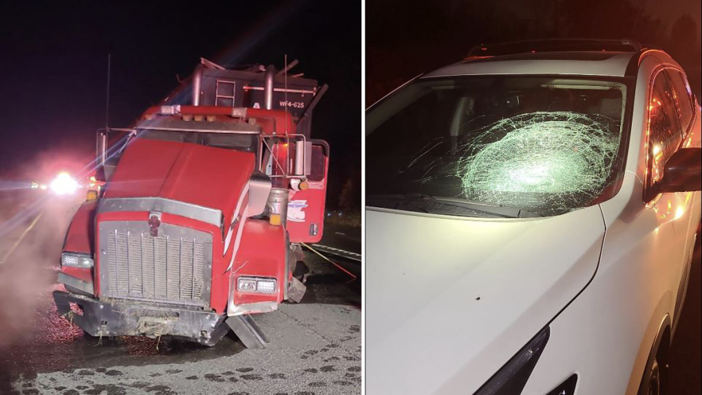 Three people were taken to hospital after a transport truck ended up in the opposite lanes on Highway 417. The driver of the SUV swerved to avoid a collision but was still hit by flying debris. Oct. 2, 2023. (OPP/handout)