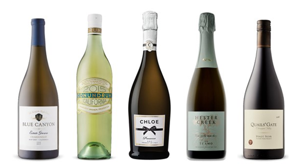 Blue Canyon Chardonnay 2021, Conundrum White 2013, Chloe Wines Prosecco, Hester Creek Estate Winery Ti Amo 2020, Quails' Gate Estate Winery Stewart Family Reserve Pinot Noir 2018