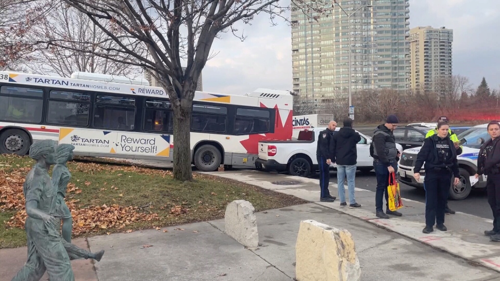 Ottawa police say an OC Transpo bus was involved in a collision with three vehicles at Riverside Drive and Industrial Avenue. (Jim O'Grady/CTV News Ottawa)