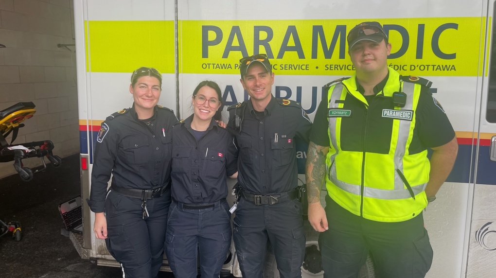 Ottawa paramedics Natascha, Carly, Colin and Dan resuscitated a soccer player who collapsed on a field in Stittsville. (Ottawa Paramedic Service/X)