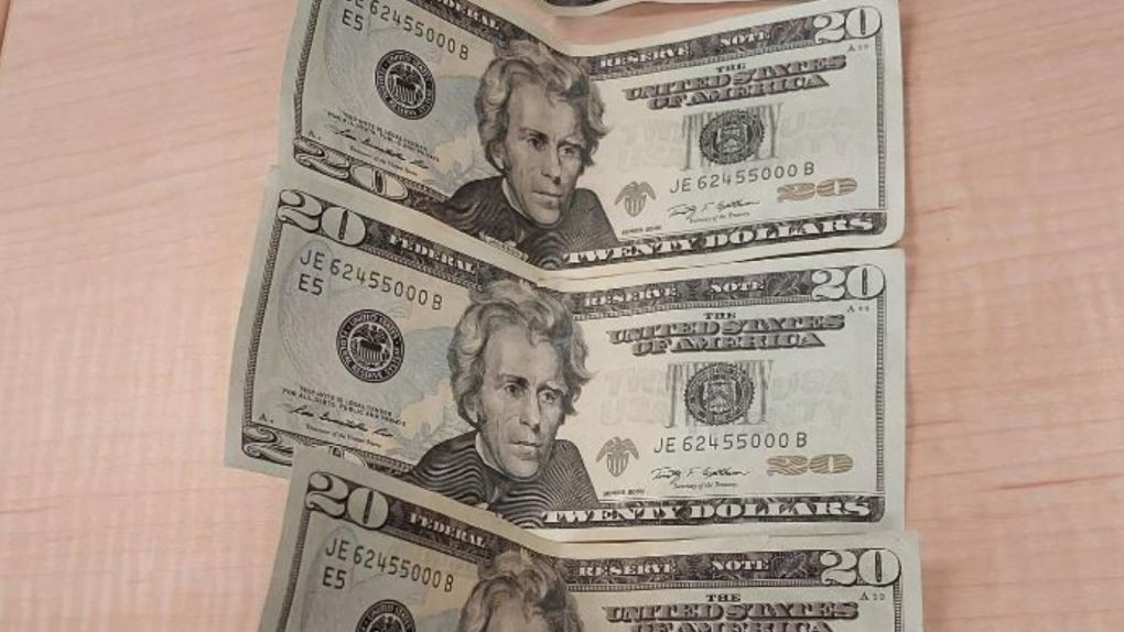 A photo provided by police in Kingston, Ont. showing multiple U.S. $20 bills with the same serial number. (Kingston Police Service/handout)
.