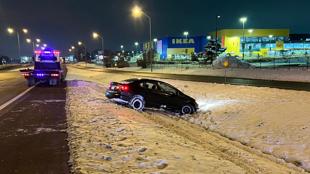 OPP say a 32-year-old man is facing an impaired driving charge in connection with this crash on Highway 417 near Greenbank Road on Dec. 8, 2023. (OPP/handout)