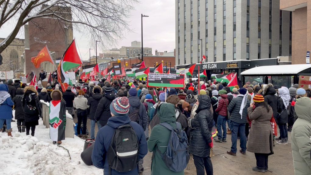 Pro-Palestine supporters rally at the Human Rights Monument on Elgin Street in Ottawa. Dec. 9, 2023. (Shaun Vardon/CTV News Ottawa)