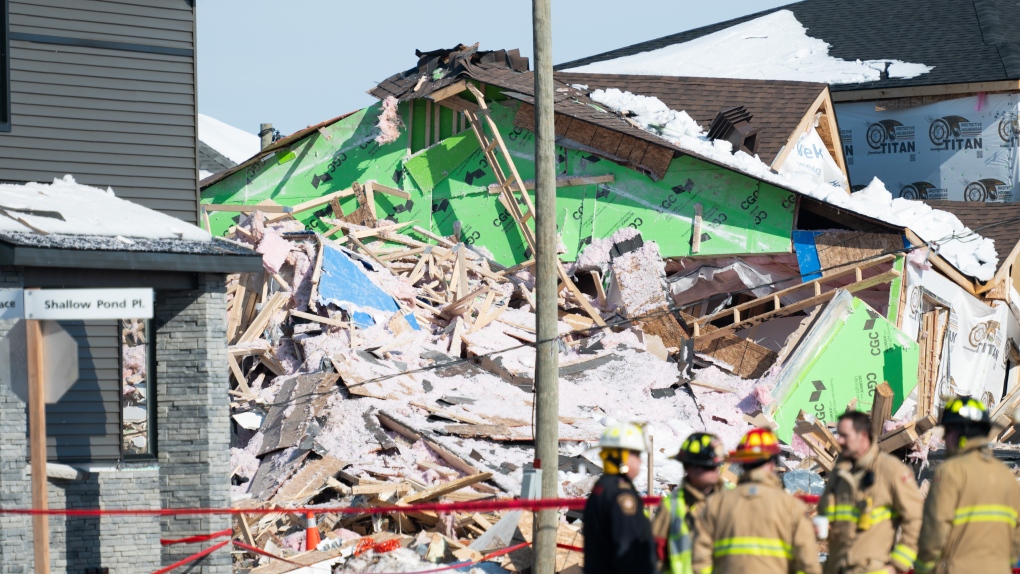 Damage is seen following an early morning gas leak explosion in the Orleans area of Ottawa, on Monday, Feb. 13, 2023. Officials say 12 people were injured in a gas explosion that rocked an east Ottawa suburb on Monday morning, including two children and two people who were pulled out of the rubble. (Spencer Colby/THE CANADIAN PRESS)