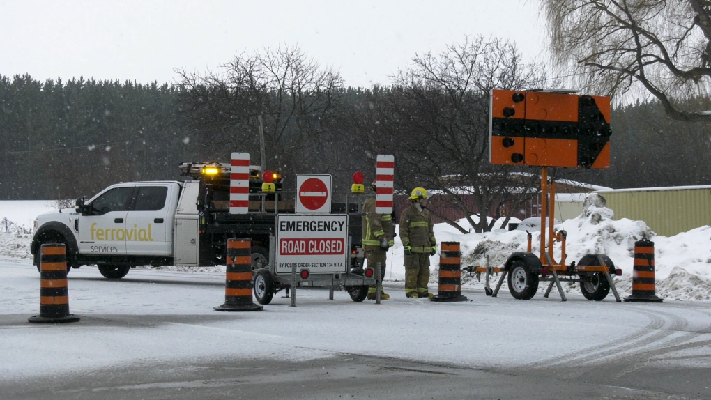 A road closure at Highway 17 and Mountain Road due to a fatal crash on Thursday, Feb. 9, 2023. (Dylan Dyson/CTV News Ottawa)
