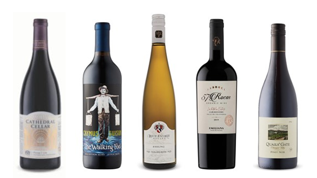 Quails' Gate Estate Winery Pinot Noir 2019. Emiliana 57 Rocas Los Robles Estate Carmenère 2019, Reif Estate Winery Riesling 2021, Caymus-Suisun The Walking Fool Red Blend 2020, Cathedral Cellar KWV Pinotage 2018