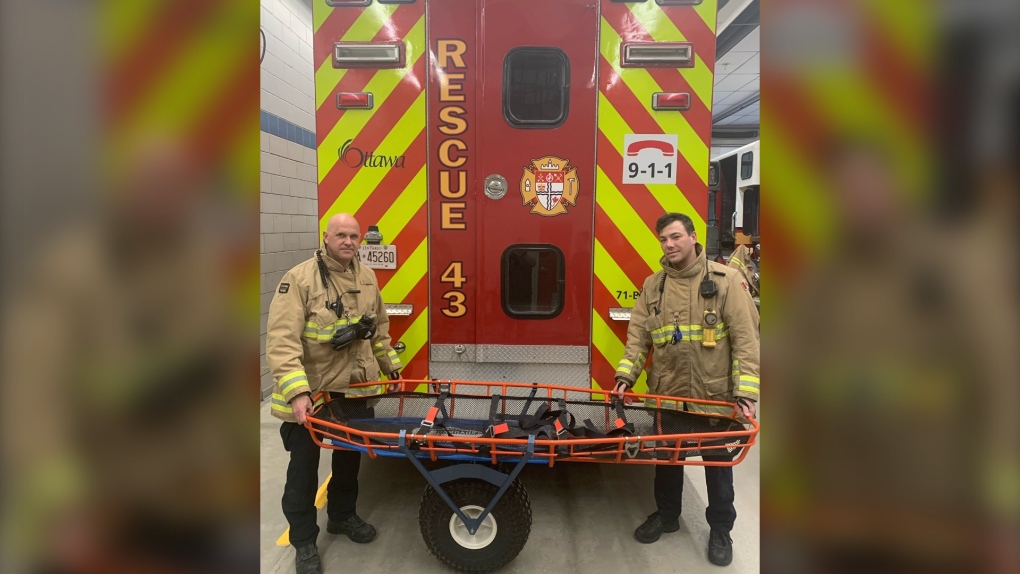 Firefighters pose with the equipment used to rescue an injured hiker at Bruce Pit on Sunday, March 19, 2023. (Ottawa Fire Services)