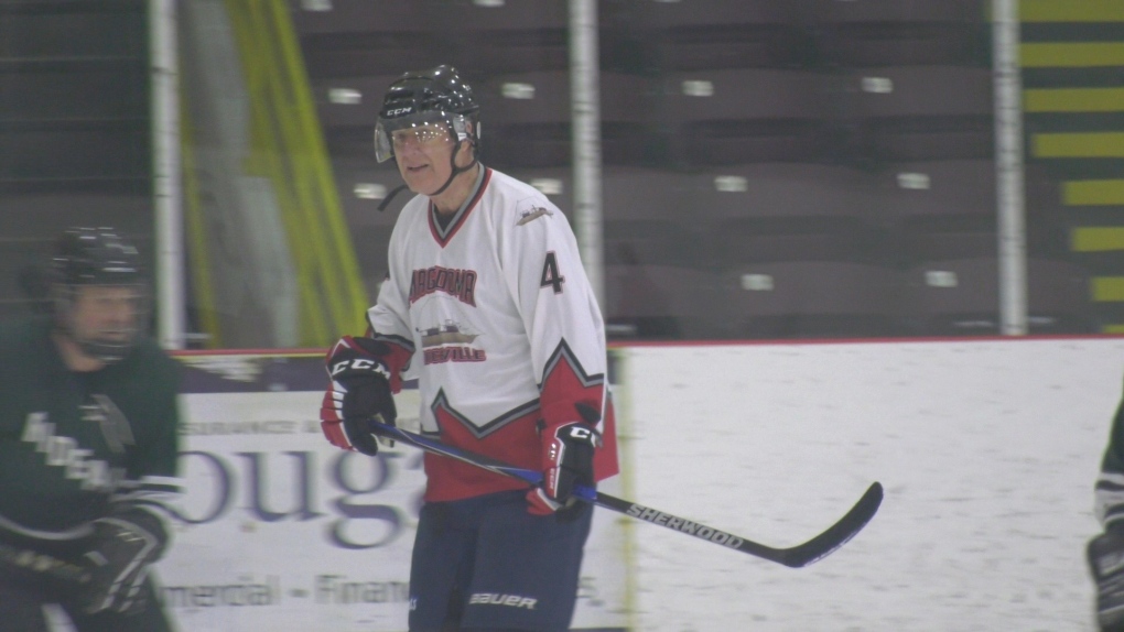 Brian McCarthy playing defence in the Brockville Magedoma Old Tmers Tournament. (Nate Vandermeer/CTV News Ottawa) 